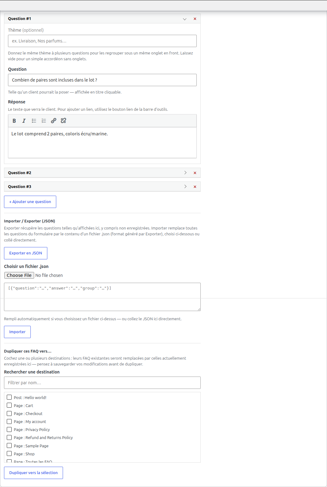 Panneau Navi sur une fiche produit — une question dépliée avec son éditeur, les suivantes repliées