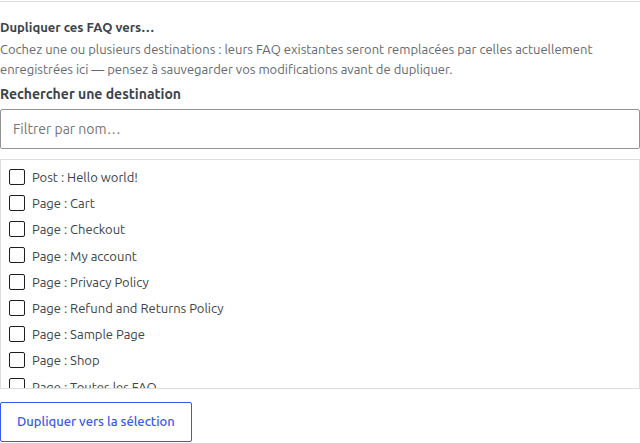 Bloc de duplication : recherche de destination + liste à cocher