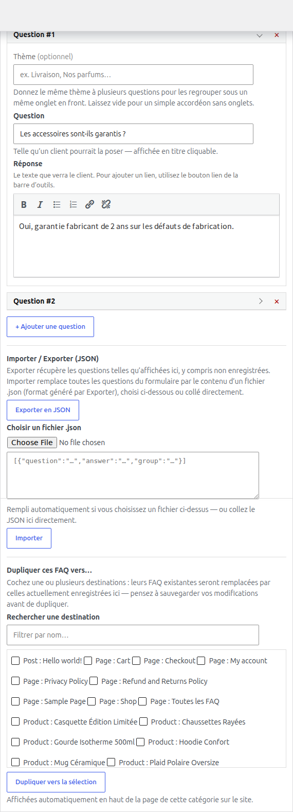 Boîte FAQ sur l'écran d'édition d'une catégorie de produit
