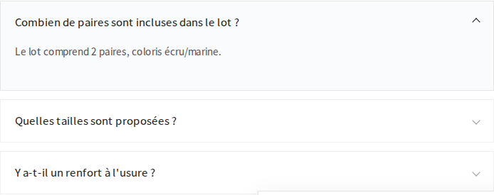 FAQ produit en front — un item ouvert, style accordéon